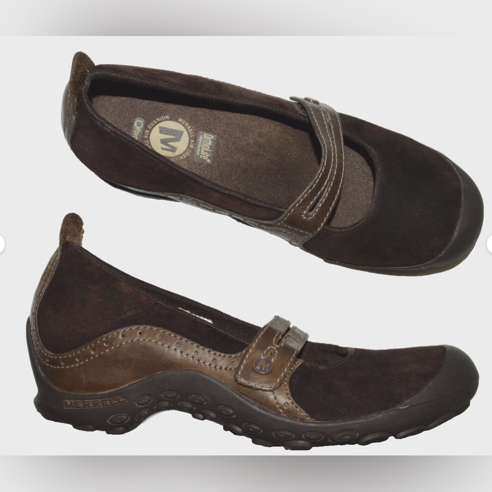 MERRELL PLAZA MJ SZ 8 M BROWN SUEDE LEATHER MARY JANE WEDGE HEEL SLIP ON SHOE